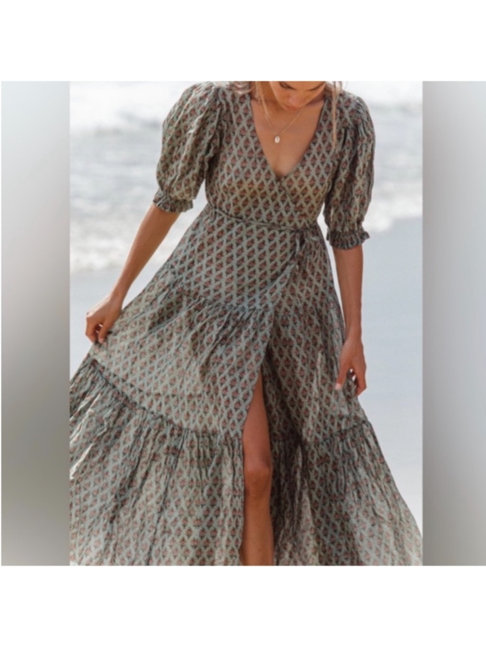 Daughters of India Zuri Wrap Dress Sage Size Small Womens